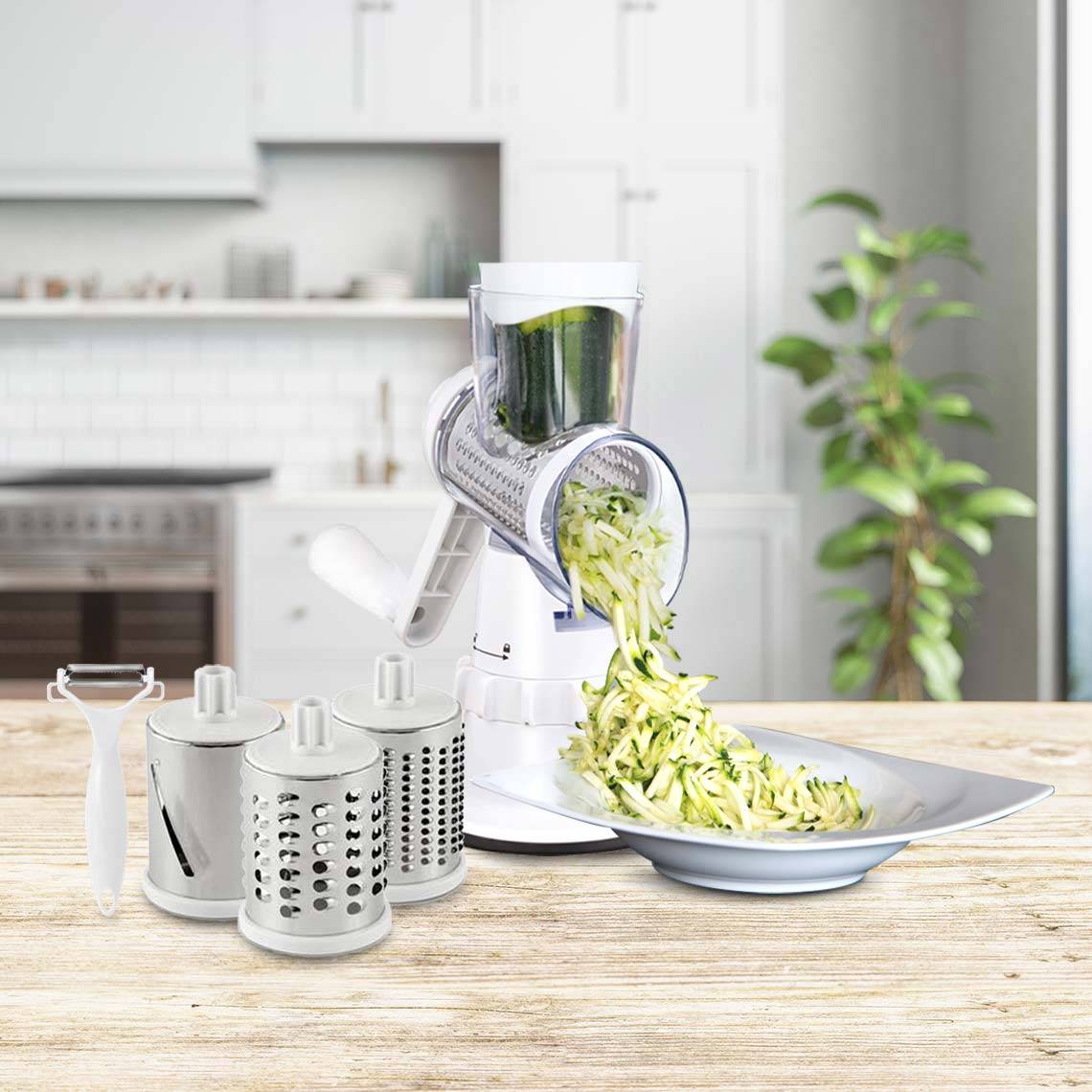 LIVINGTON Sumo Slicer Rot - Trommelreibe zum Raspeln, Schneiden, Reiben - Reibe- Gemüsehobel - Gemüseschneider für Zucchininudeln uvm.