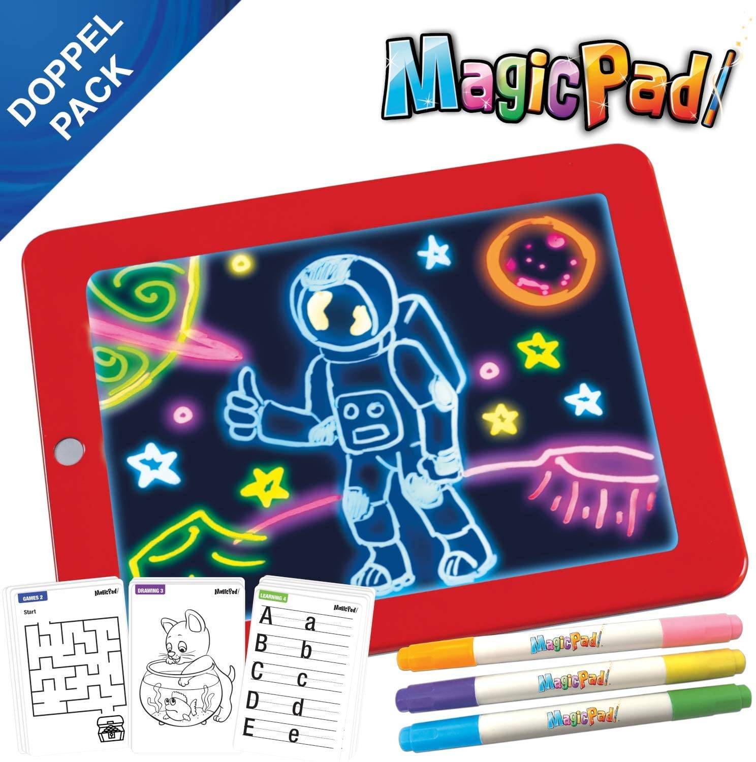 Magic Pad Zaubertafel Kinder – Maltafel mit 6 Neonfarben & 8 Leuchteffekten – inkl. 30 Schablonen – Abwischbar, Reisegröße