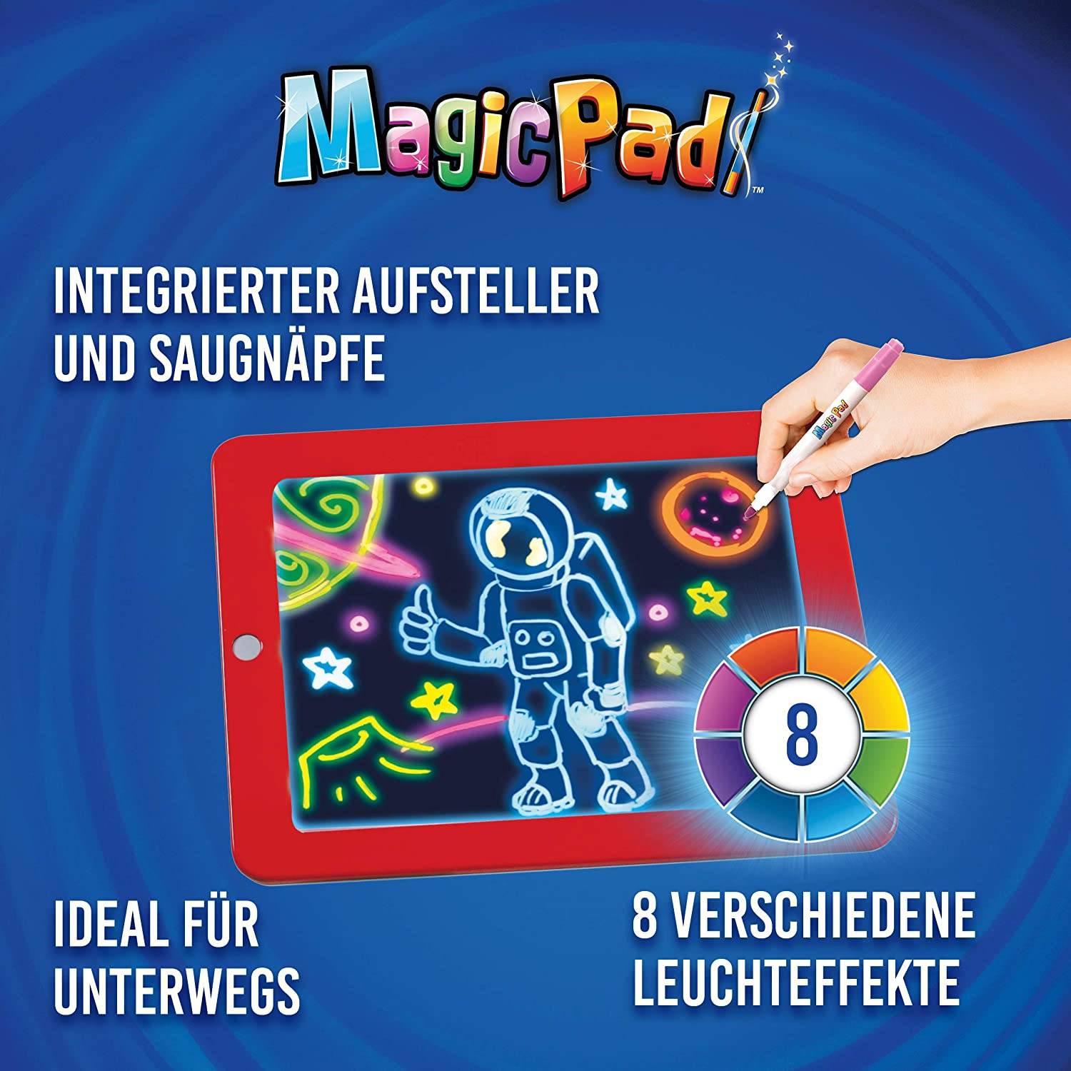 Magic Pad Zaubertafel Kinder – Maltafel mit 6 Neonfarben & 8 Leuchteffekten – inkl. 30 Schablonen – Abwischbar, Reisegröße