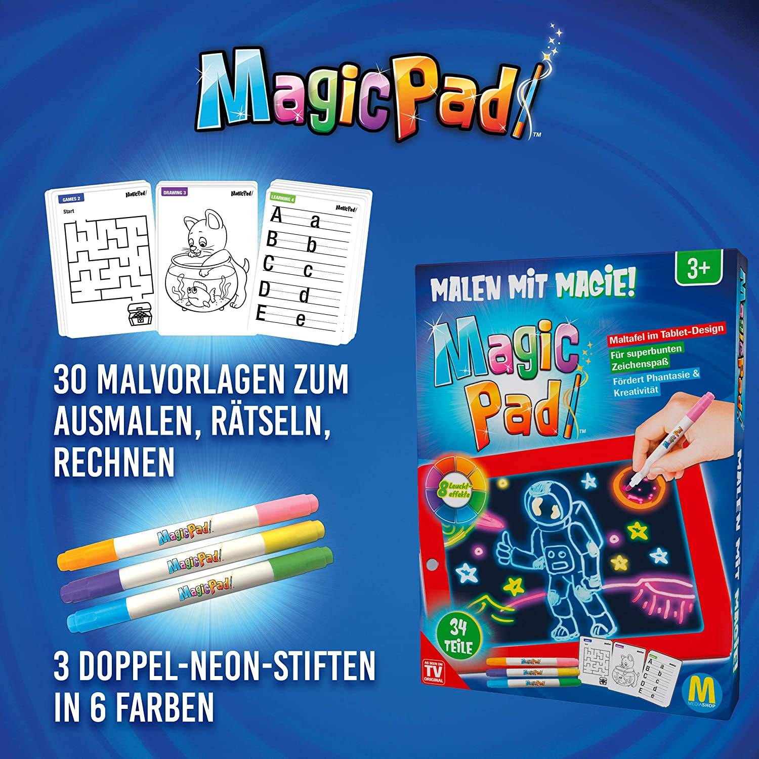 Magic Pad Zaubertafel Kinder – Maltafel mit 6 Neonfarben & 8 Leuchteffekten – inkl. 30 Schablonen – Abwischbar, Reisegröße