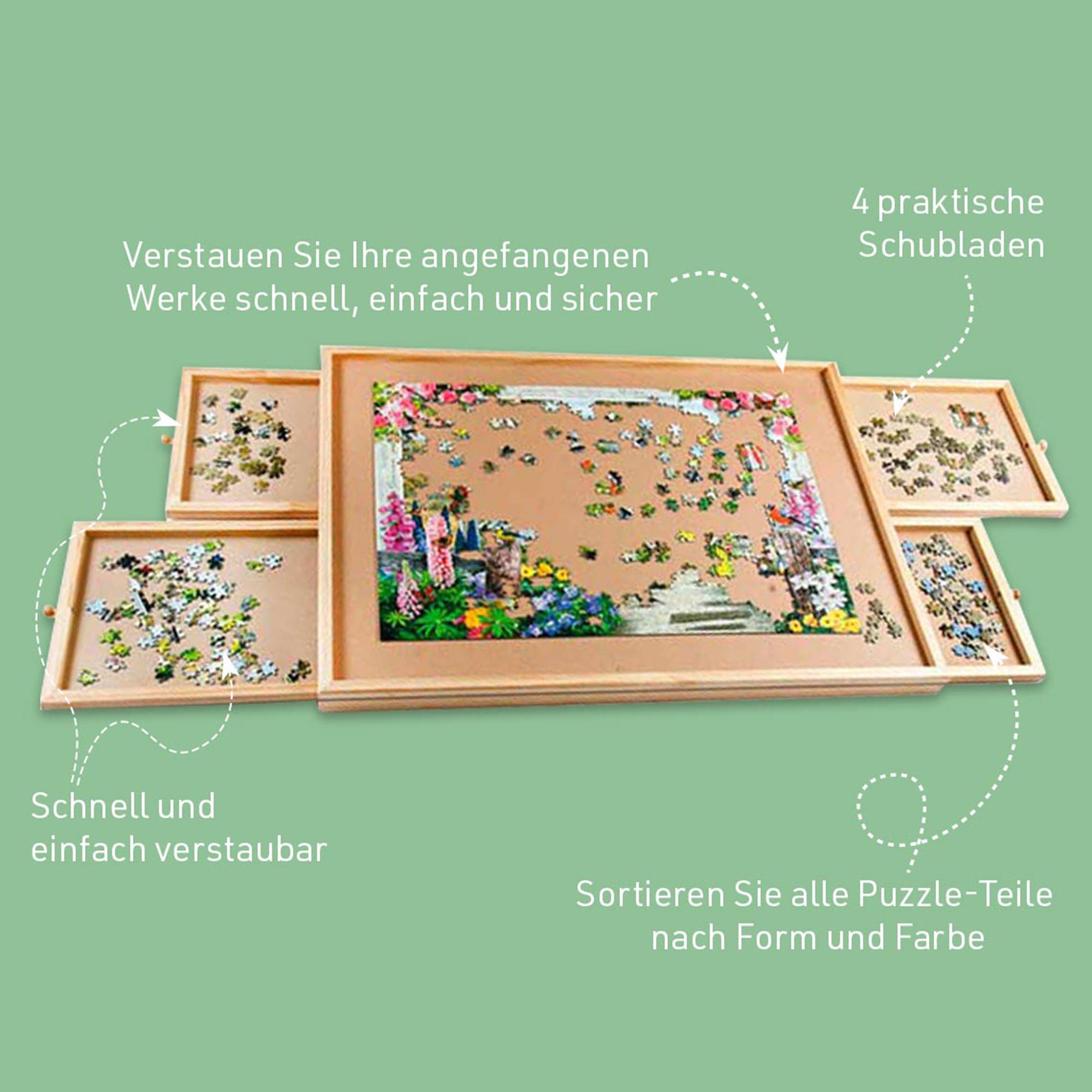 Puzzle Tisch bis zu 1500 Teile mit 4 Schubladen ausziehbar - Puzzlebrett Holz für Erwachsene & Kinder |- Praktischer Puzzletisch