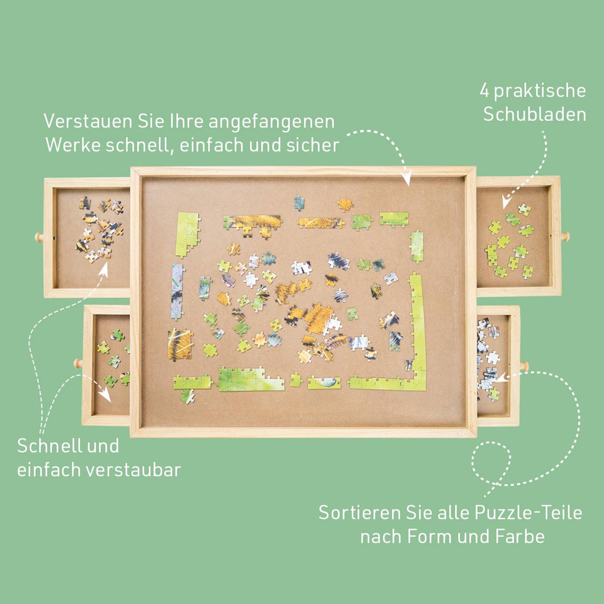 Puzzletisch bis zu 500 Teile - mit 4 ausziehbaren Schubladen - tragbares Puzzle Brett aus Holz - einfach verstaubau - Erwachsene & Kinder