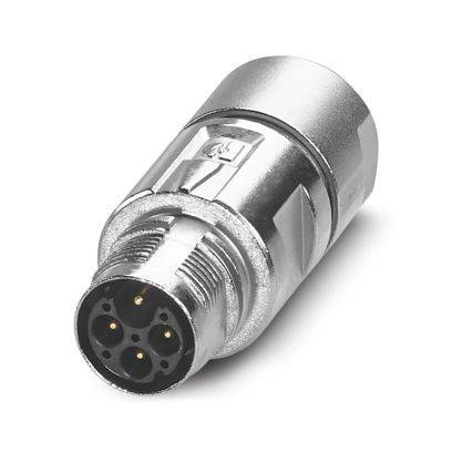 Eine Nahaufnahme eines metallischen, kreisförmigen Steckerverbinders mit mehreren Stiften, der in elektronischen Geräten und Ausrüstungen verwendet wird.