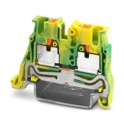 Ein zweistufiger gelb-grüner Klemmenblock mit Metallverbindungen, wird zur elektrischen Verkabelung verwendet, in einer Seitenansicht dargestellt.