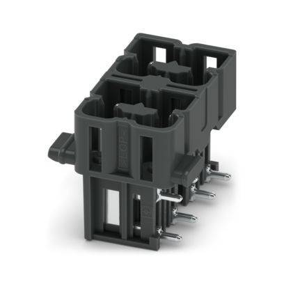 Ein schwarzer Kunststoff-Elektrostecker mit mehreren Kontakten, konzipiert für die Leiterplattenmontage, mit rechteckiger Form und seitlichen Befestigungshaken.