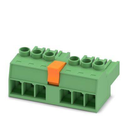 Gelber elektrischer Stecker mit vier Löchern, mit Blockdesign und mehreren Stiften an der Seite.