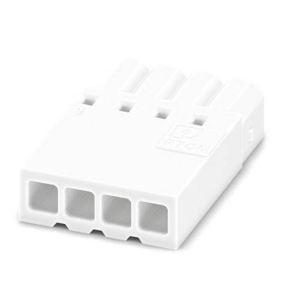 Ein weißer, vierpoliger Stromstecker, der typischerweise in der Informationstechnik und Elektronik zur Stromversorgung von Geräten verwendet wird.