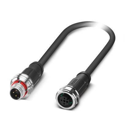 Ein schwarzes Kabel mit runden Metallsteckern an jedem Ende, mit mehreren Stiften und Buchsen, wahrscheinlich für industrielle oder elektronische Geräte verwendet.