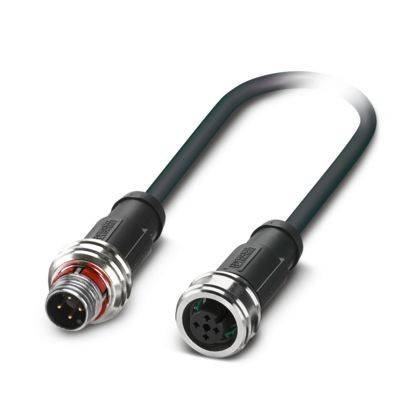 Ein schwarzes Kabel mit kreisförmigen Anschlüssen an beiden Enden, von denen jeder mehrere Stifte hat, wahrscheinlich für industrielle oder elektronische Verbindungen verwendet.