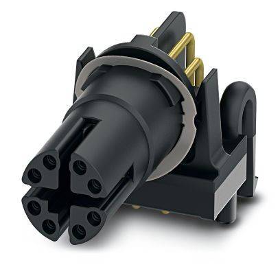 Schwarzer kreisförmiger Mehrpin-Elektrostecker mit vergoldeten Kontakten, in Nahaufnahme auf weißem Hintergrund dargestellt.