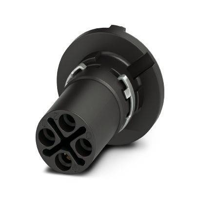 Schwarzer zylindrischer Elektrostecker mit fünf runden Buchsenöffnungen und einem kreisförmigen Flansch, gezeigt auf weißem Hintergrund.