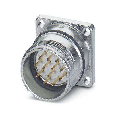 Ein rechteckiger, schwarzer Elektrostecker mit mehreren Stiften, der zur Montage auf einem Gerät ausgelegt ist und Montagelöcher auf jeder Seite aufweist.