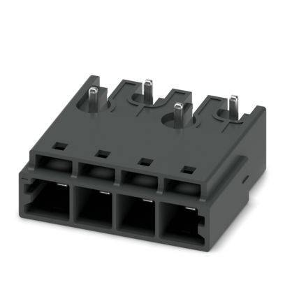 Ein schwarzer, vierpoliger Stecker mit nummerierten Slots und einer Verriegelungsklammer, der zum Sichern von Kabeln in elektronischen Geräten verwendet wird.