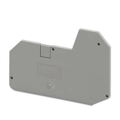Eine graue Endkappe für Klemmleisten mit einer Kerbe, mit einem auf der Mittelfläche eingeprägten Firmenlogo und einer Teilenummer, entwickelt für elektrische Installationen.
