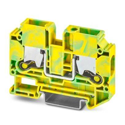 Ein gelb-grüner Klemmblock für elektrische Verbindungen, der Metallkontakte und ein Gehäuse zur Befestigung von Drähten aufweist.