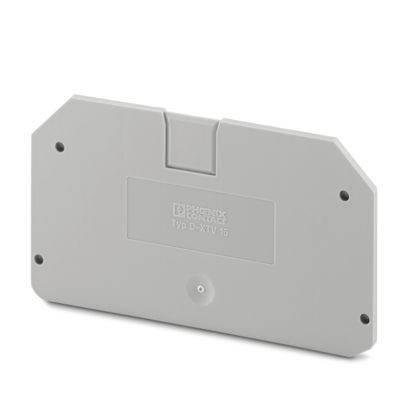Ein grauer rechteckiger Kunststoffdeckel mit Befestigungslöchern an den Ecken, verwendet zum Schutz elektrischer Komponenten.