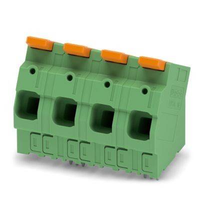Ein grüner Elektroklemmenblock mit vier Anschllusspunkten, jeweils mit einem orangefarbenen Verriegelungshebel oben, wird zur Verdrahtung verwendet.