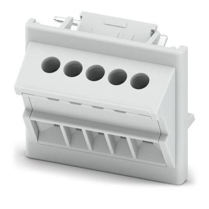 Ein grauer Stromstecker-Verbinder mit fünf runden Steckplätzen, konzipiert für einfache Befestigung in industriellen oder privaten Elektroinstallationen.