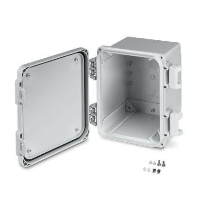 Ein offenes, graues, rechteckiges elektronisches Gehäuse, das den Innenraum zeigt, mit Scharnieren auf der linken Seite. Schrauben sind in der Nähe angebracht.