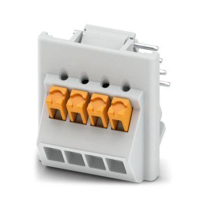 Ein kleines, rechteckiges Elektro-Anschlussleistenblock mit vier orangefarbenen Hebelverschlüssen zum Sichern von Drähten.