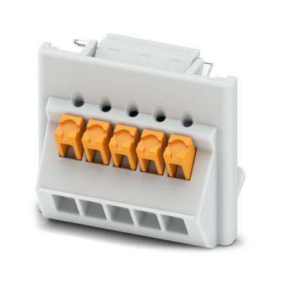 Ein weißer Elektrostecker mit fünf gelben Anschlüssen, der zum Befestigen von Elektrokabeln verwendet wird.