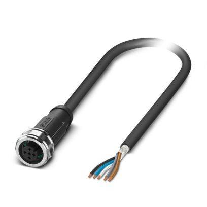 Ein schwarzes Stromkabel mit einem runden Stecker auf der einen Seite und freiliegenden mehrfarbigen Drähten auf der anderen Seite, was auf Konnektivitätsfunktionalität hindeutet.