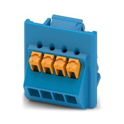 Blauer Elektroklemmenblock mit vier orangefarbenen Steckverbindern, verwendet für die Verkabelung in elektrischen Installationen.