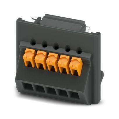 Ein schwarzes Elektrikklemmleistenblock mit fünf gelben Anschlüssen, verwendet zum Befestigen mehrerer elektrischer Drähte zusammen.