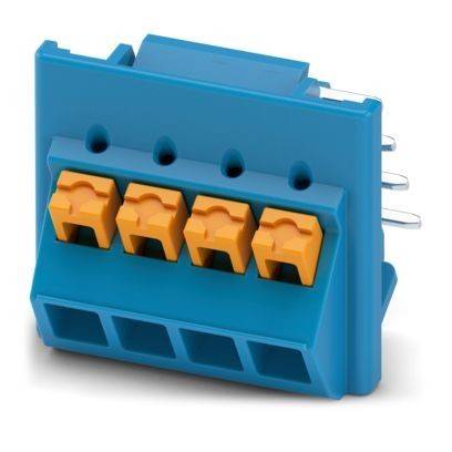 Ein blaues Elektroklemmenblock mit vier orangefarbenen Steckverbindern, entwickelt zum sicheren Verbinden von Elektrokabeln.