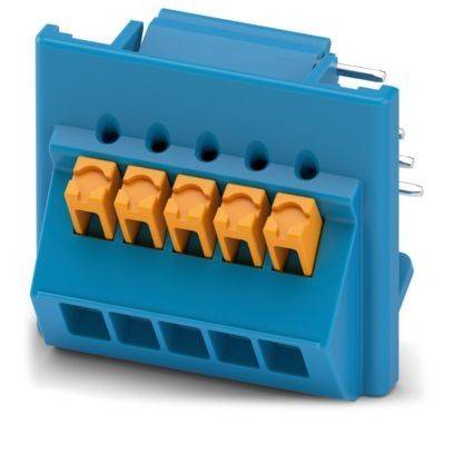 Ein blau und orange farbenes elektrisches Klemmleistenblock mit mehreren Anschlussanschlüssen für Verdrahtungsanwendungen.