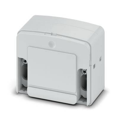 Eine weiße Elektrobox mit aufklappbarem Deckel und sichtbaren Schraubenlöchern, konstruiert für die Wandmontage und zur Aufnahme von elektrischen Komponenten.