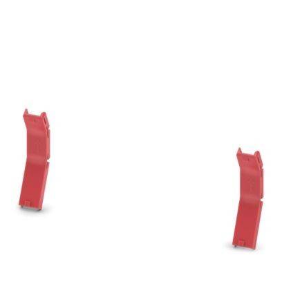 Rote Kunststoff-Buchstützen auf weißem Hintergrund, aufrecht stehend und parallel zueinander.