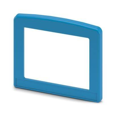 Blauer Kunststoffrahmen mit offener Mitte, möglicherweise zum Halten eines Schildes oder Etiketts.