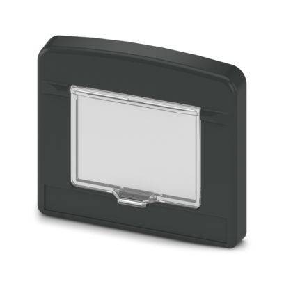 Ein schwarzes Gehäuse für elektronische Geräte mit einer transparenten, beweglich befestigten Abdeckung auf der Vorderseite, geeignet zum Schutz von kleinen elektronischen Komponenten oder Schnittstellen.