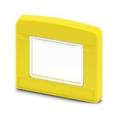 Ein gelbes, rechteckiges, leeres Stempelkissen-Gehäuse mit transparentem Deckel.