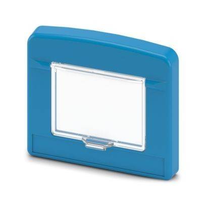 Ein blaues rechteckiges Kunststoffgerät mit einem transparenten Fach an der Vorderseite, möglicherweise zum Halten oder Anzeigen eines Gegenstands oder Dokuments.