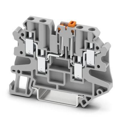 Ein graues doppelstöckiges Klemmblock mit kompaktem Design, ausgestattet mit integrierten Schaltkreisen und Steckern für elektrische Verdrahtungssysteme.