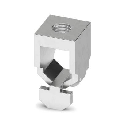 Ein Metallverbinder mit rechteckigem Körper und sechseckiger Basis, mit einem Gewindeloch oben zum Befestigen von Bauteilen.