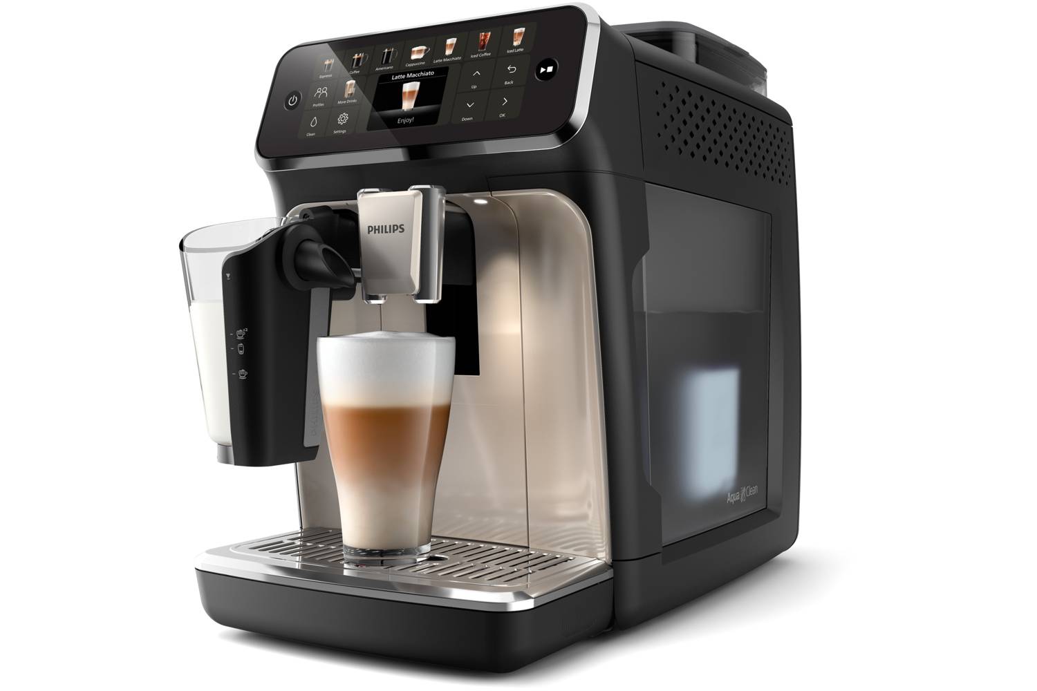 Philips-Kaffeemaschine beim Zubereiten eines Latte Macchiato. Zu den Funktionen gehören ein digitales Display und ein Milchaufschäumer für den Heimgebrauch.