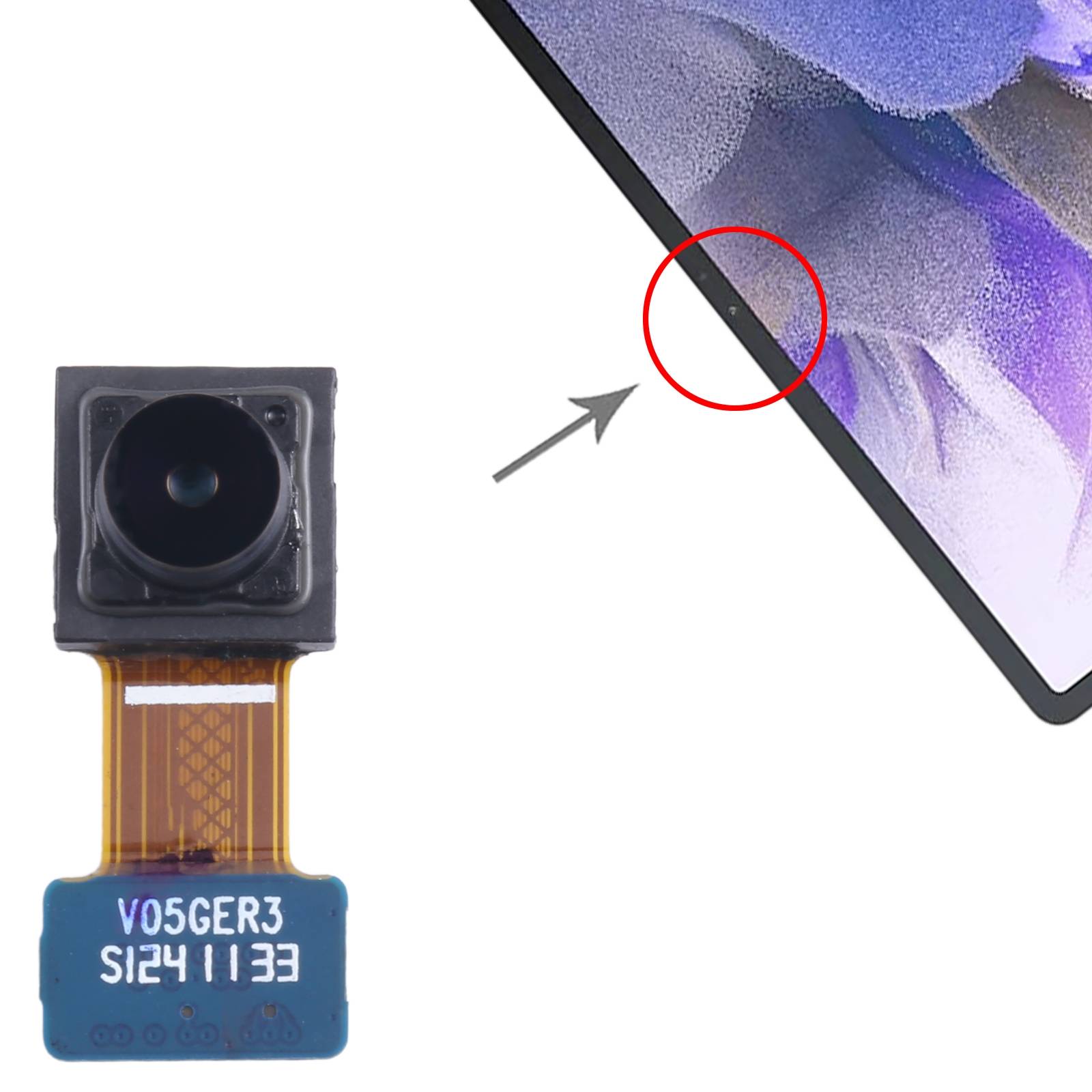 Nahaufnahme eines Smartphone-Frontkameramoduls mit einem Pfeil, der seine Position in der Bildschirmecke anzeigt, hervorgehoben durch einen roten Kreis.