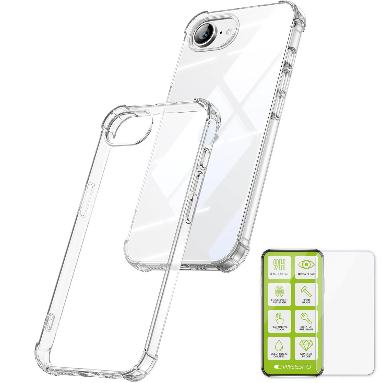 Für Apple iPhone 16e Schock TPU Handy Schutz Hülle Transparent + 0,26mm 9H Hart Glas