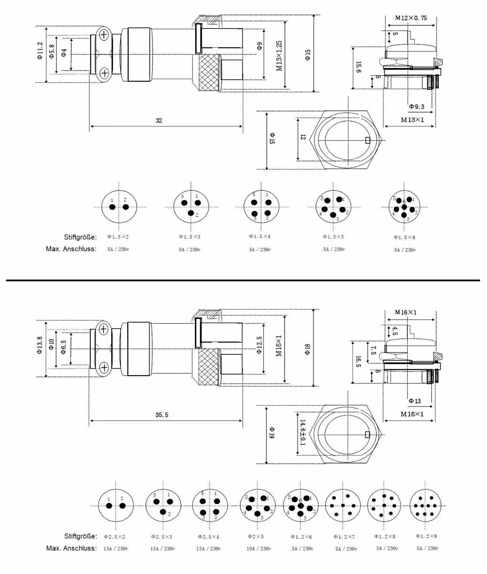 Steckverbindung Einbaustecker Borddurchführung Stecker Kupplung Mikrofon 16mm 8 Pin