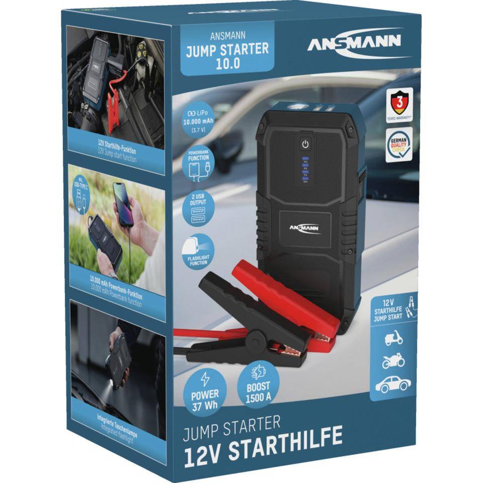 ANSMANN Jump Starter 10.0 tragbare 12V-Starterbatterie mit USB- und Taschenlampen-Funktionen, dargestellt mit Klemmen und Leistungsangabe auf der Verpackung.