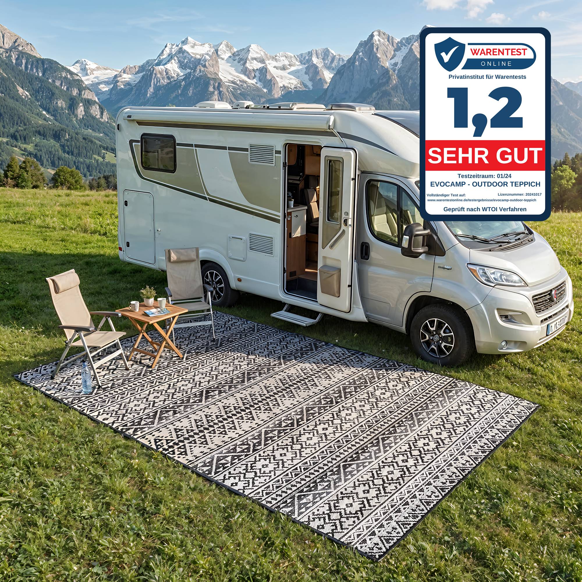 EVOCAMP Teppich für draußen wetterfest 270x300 cm, schwarz-weiß, pflegeleicht und tragbar, ideal für Terrasse, Camping, Garten, Wohnmobil