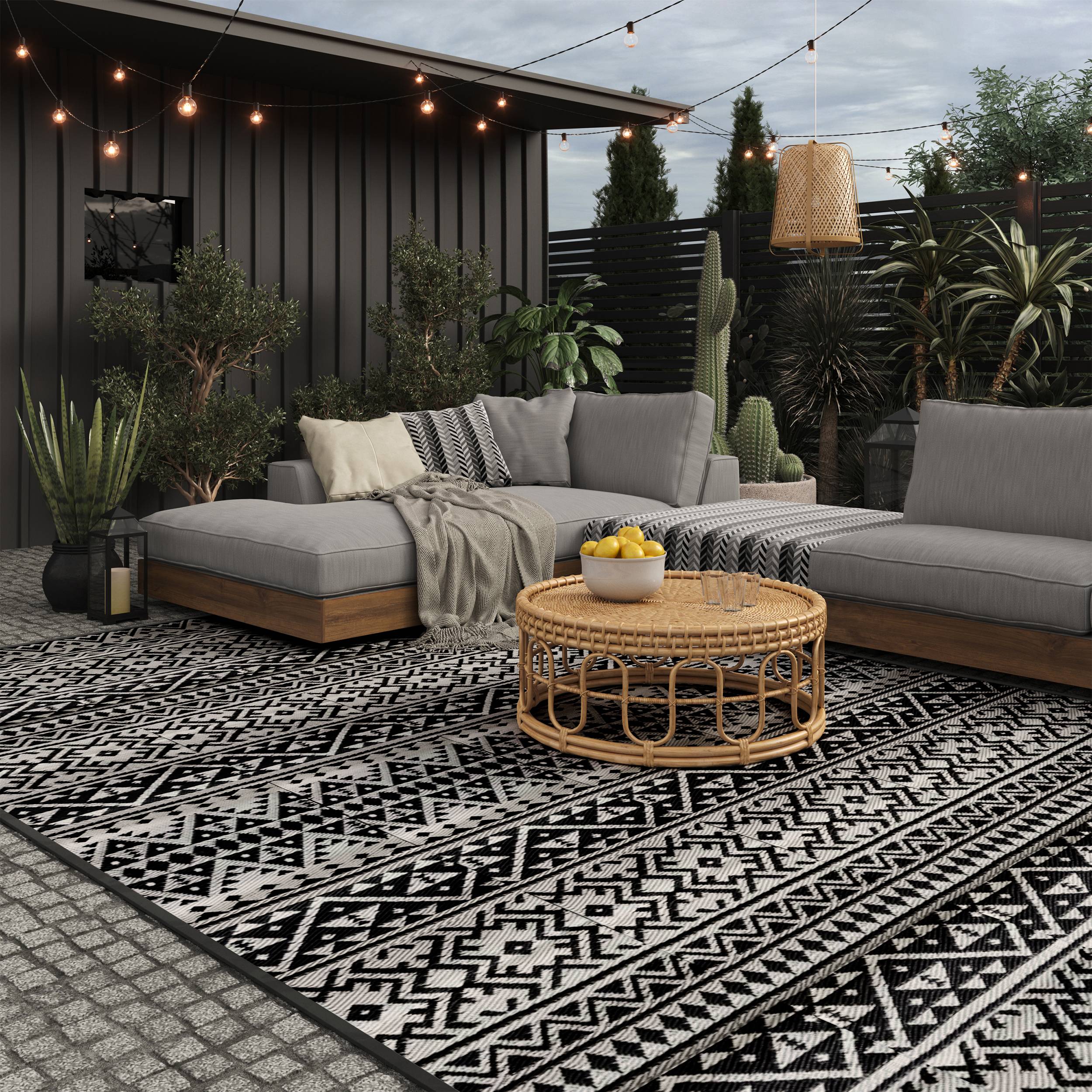 EVOCAMP Teppich für draußen wetterfest 270x300 cm, schwarz-weiß, pflegeleicht und tragbar, ideal für Terrasse, Camping, Garten, Wohnmobil