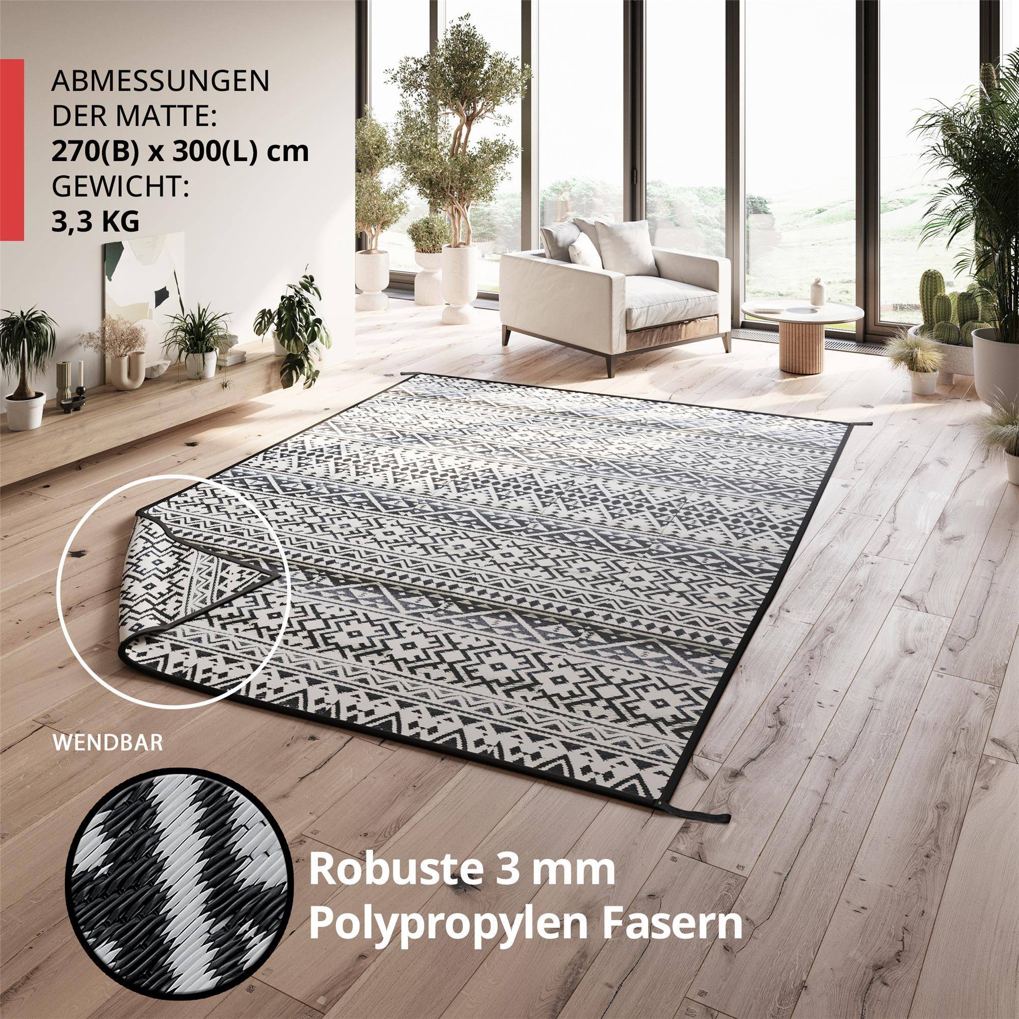 EVOCAMP Teppich für draußen wetterfest 270x300 cm, schwarz-weiß, pflegeleicht und tragbar, ideal für Terrasse, Camping, Garten, Wohnmobil