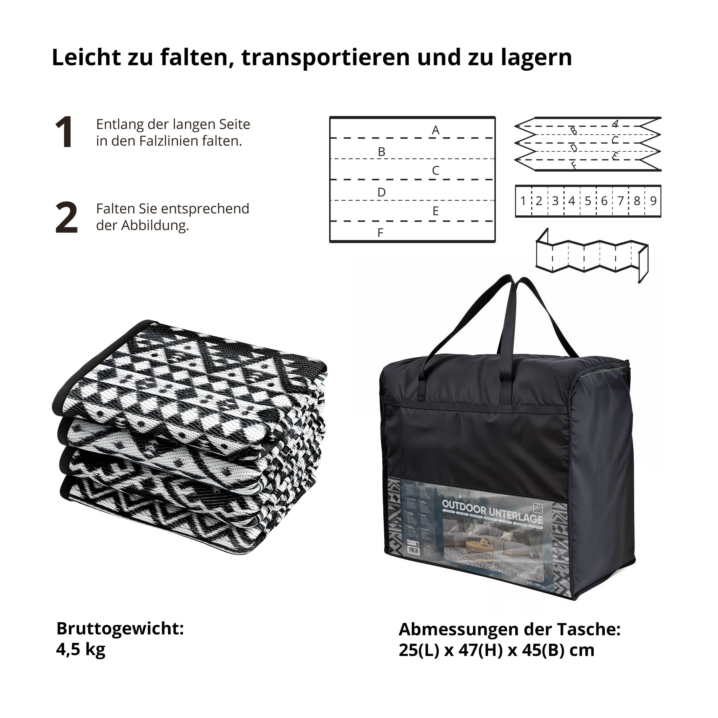 EVOCAMP Teppich für draußen wetterfest 270x400 cm, schwarz-weiß, pflegeleicht und tragbar, ideal für Terrasse, Camping, Garten, Wohnmobil