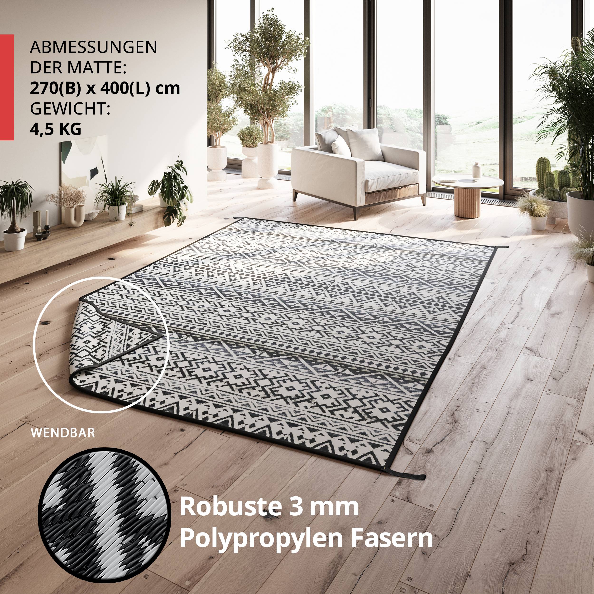 EVOCAMP Teppich für draußen wetterfest 270x400 cm, schwarz-weiß, pflegeleicht und tragbar, ideal für Terrasse, Camping, Garten, Wohnmobil