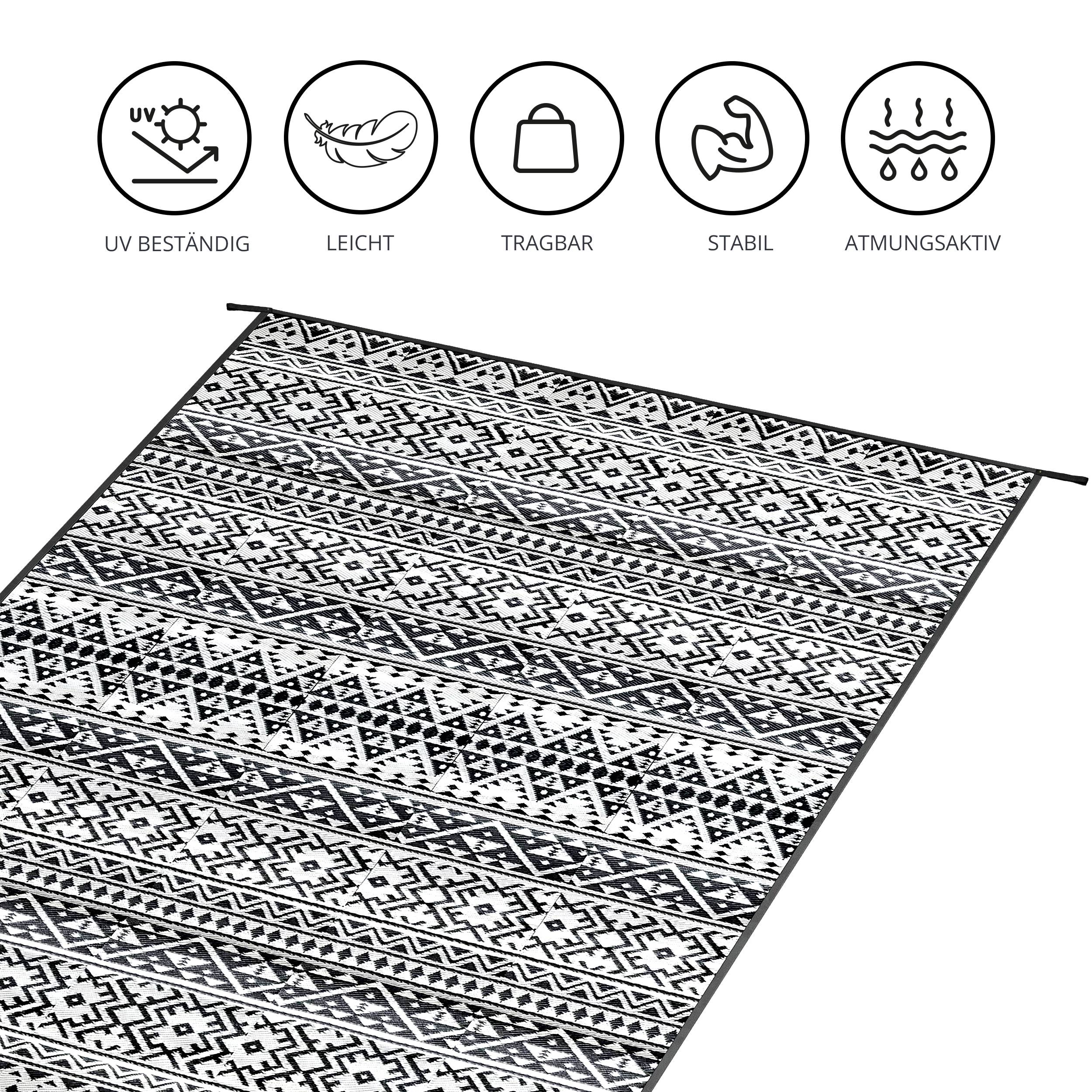 EVOCAMP Teppich für draußen wetterfest 270x400 cm, schwarz-weiß, pflegeleicht und tragbar, ideal für Terrasse, Camping, Garten, Wohnmobil