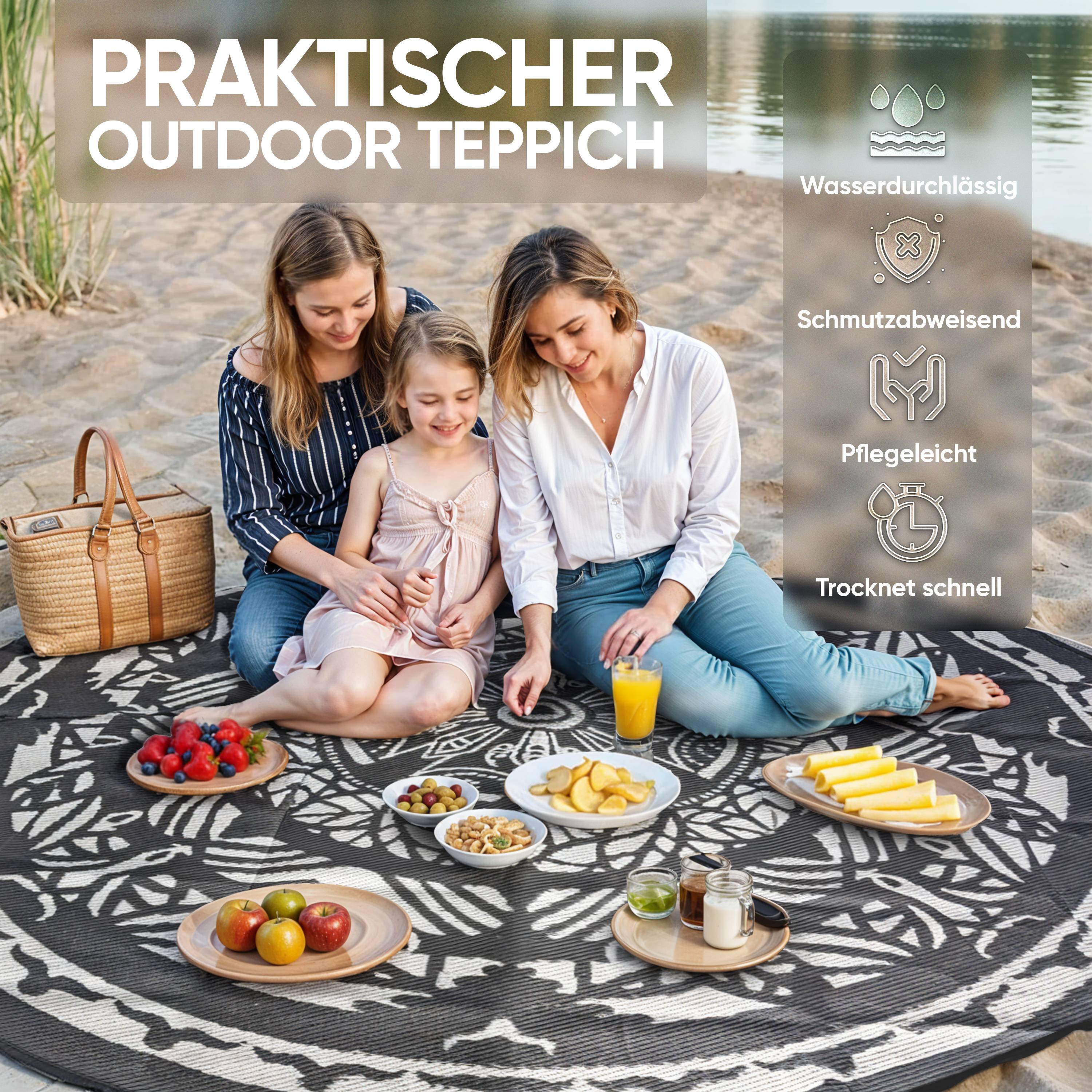 EVOCAMP Teppich für draußen wetterfest rund 240 cm, grau-weiß, pflegeleicht und tragbar, ideal für Terrasse, Camping, Garten, Wohnmobil